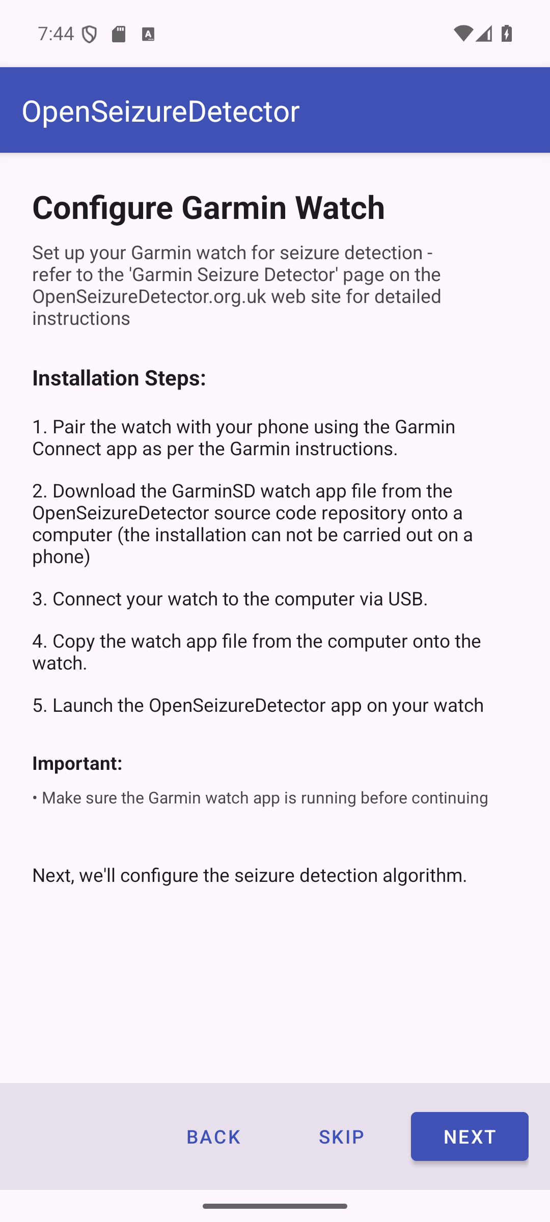 Garmin configuration screen