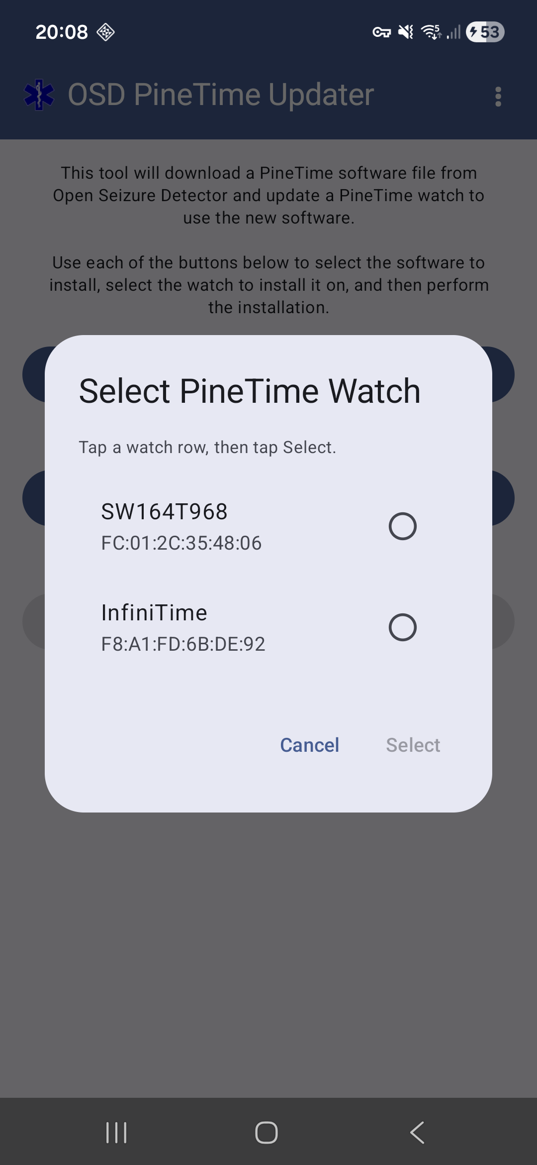Watch selection dialog scanning